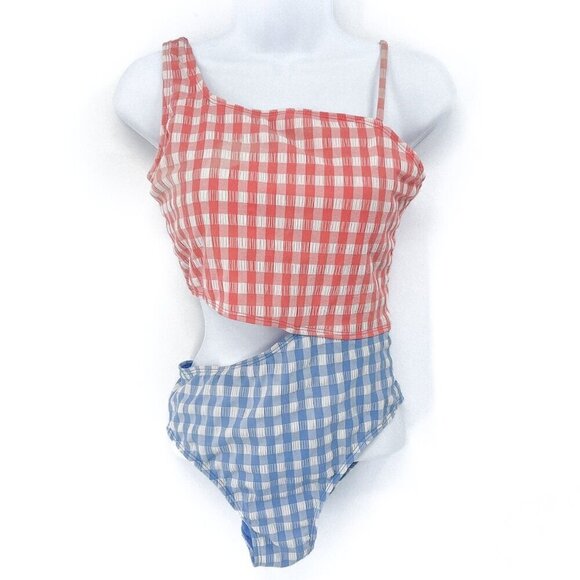 Anthropologie Other - Gingham Plaid Check Cutout One Piece Bikini Swimsuit Bathing Suit Blue Pink